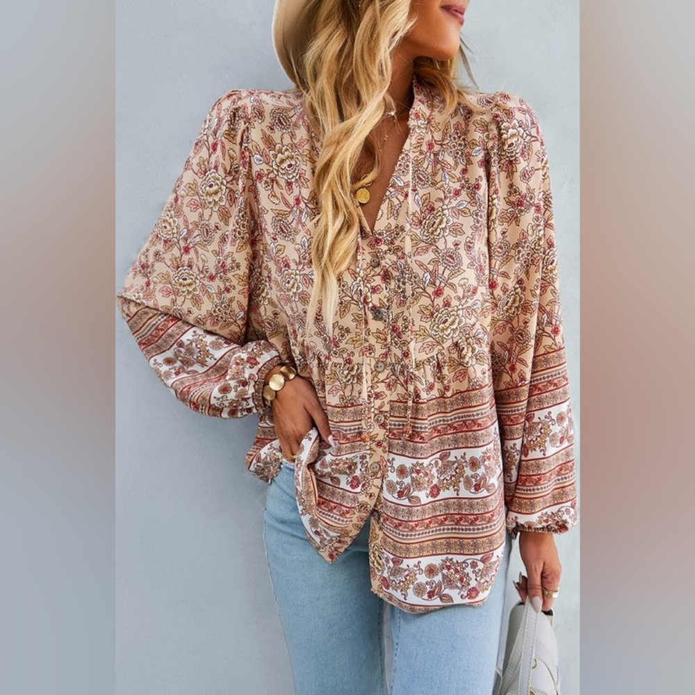 Bohemian Floral Peasant Blouse - Cream & Rust - Picture 2 of 11